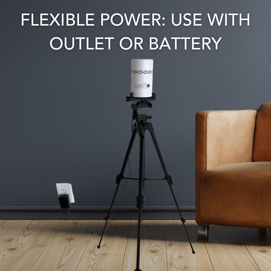 White device on a tripod with text 'Flexible Power: Use with Outlet or Battery' in a room with a brown couch.