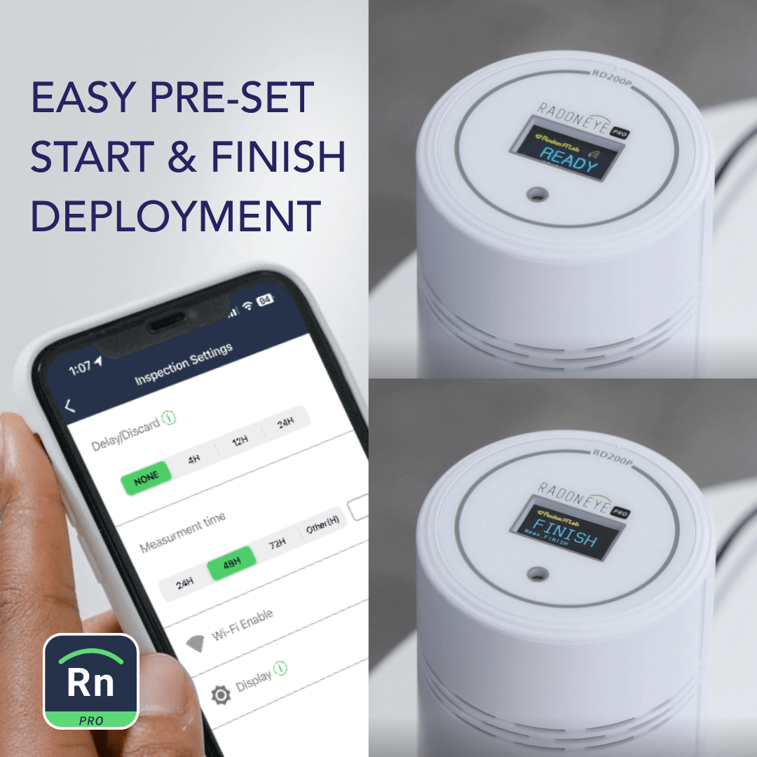 Smart device with app interface and two views of a cylindrical device labeled 'READY' and 'FINISH'.