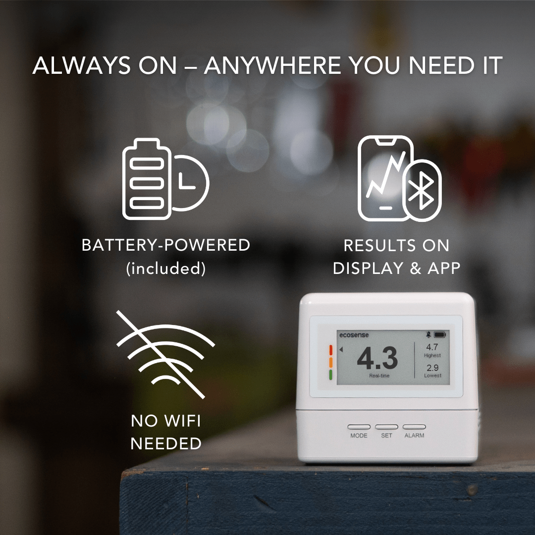 Radon Detector with battery, display, and no WiFi icons and text on a blurred background