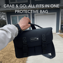 Load image into Gallery viewer, Person holding a black protective bag with 'RadonEye' branding in front of a house.
