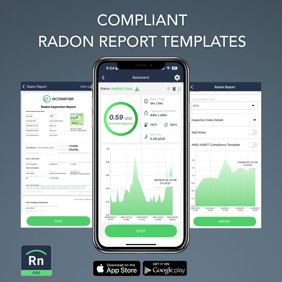 Smartphone displaying radon inspection app with 'Compliant Radon Report Templates' text above.