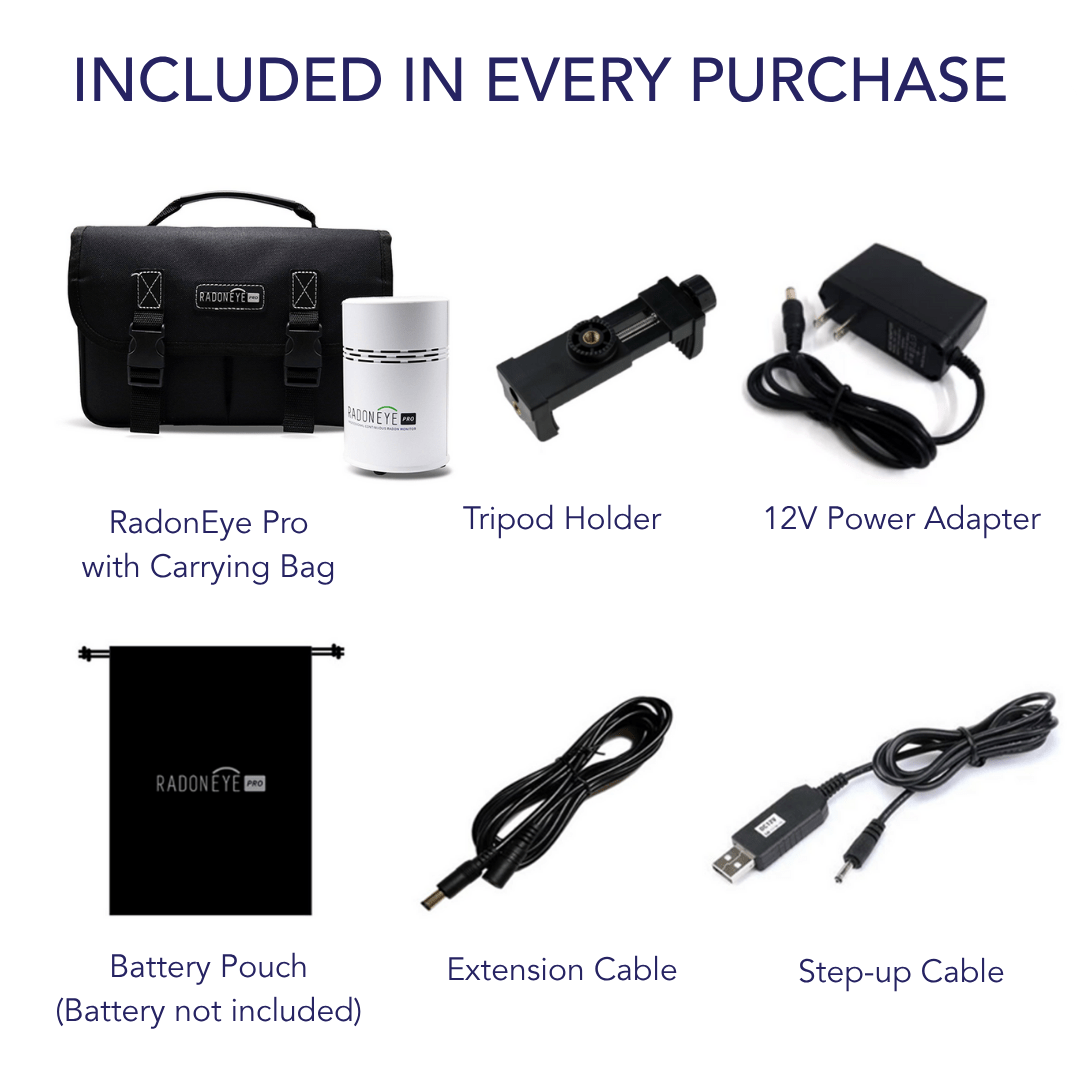 List of items included with RadonEye Pro, including carrying bag, tripod holder, power adapter, battery pouch, extension cable, and step-up cable.