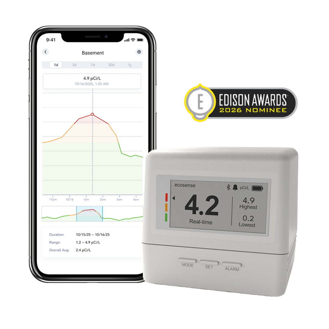 Home radon monitor device with digital e-ink display and smartphone showing mobile app interface, Edison Awards 2026 nominee badge.