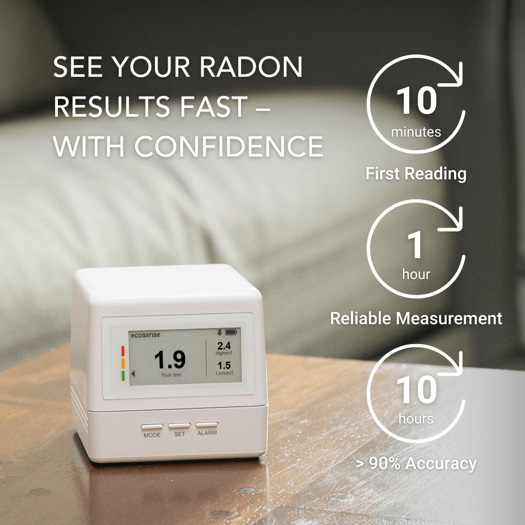 The home radon monitor on the table delivers fast radon results
