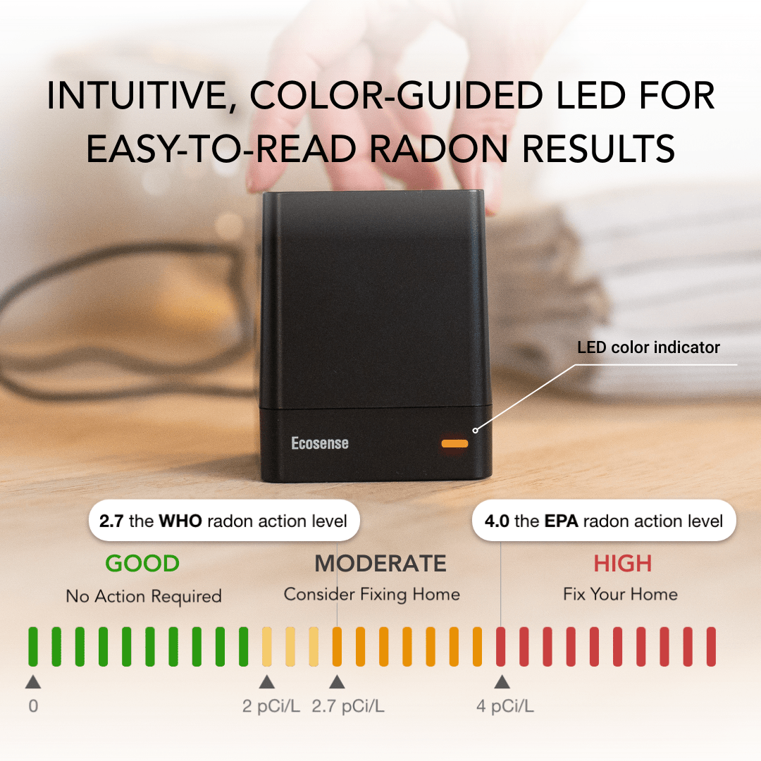 understand your radon results iwth ecoqube color coded LED guide LED indicator on device front and in-app radon levels guide